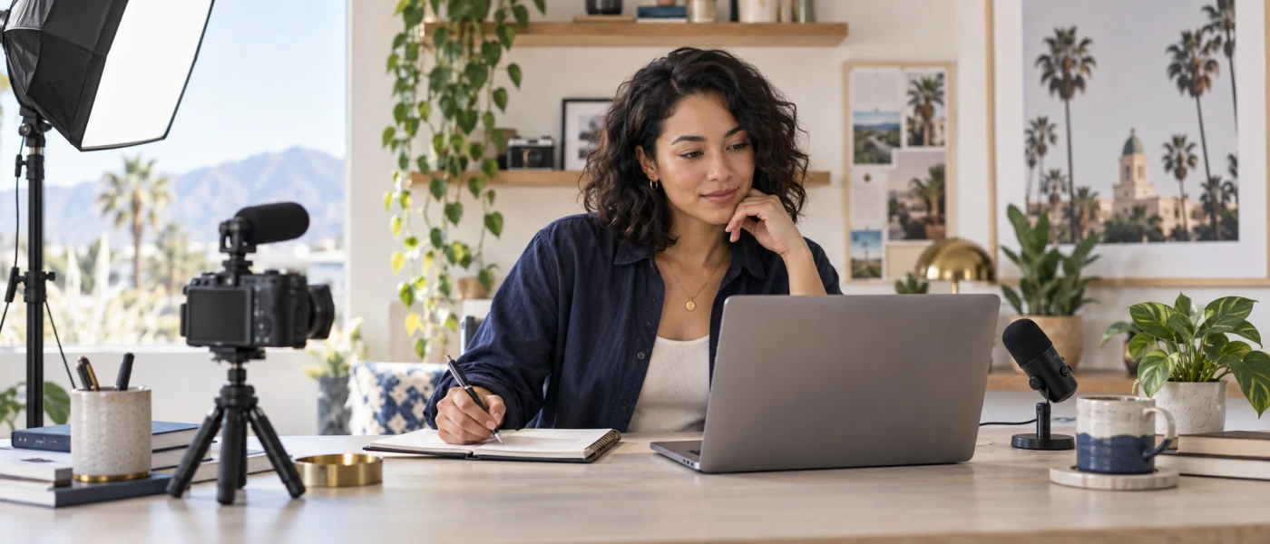 Content creator planning and editing at a home studio workspace