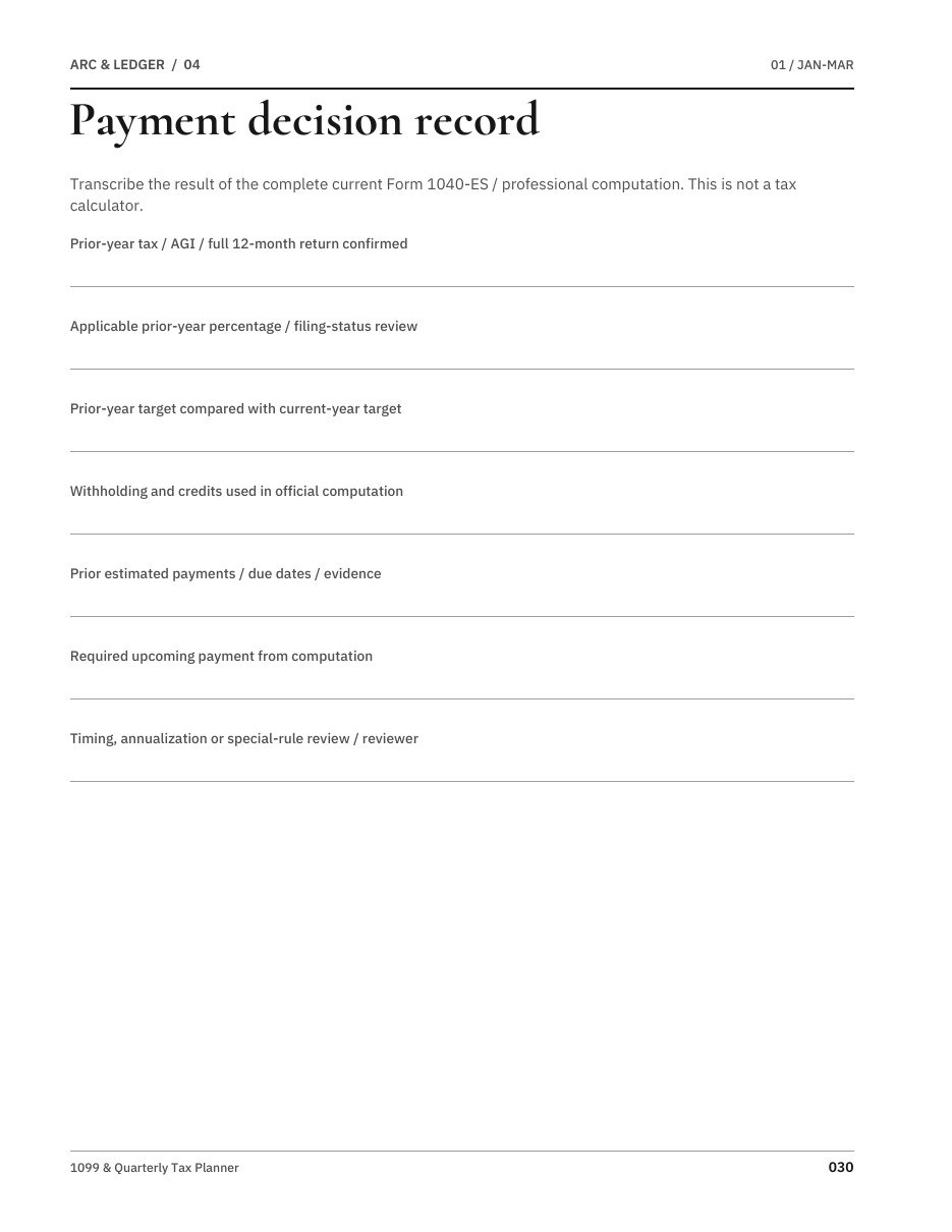 Sample worksheet from 1099 & Quarterly Tax Planner