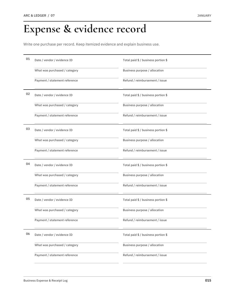 Sample worksheet from Business Expense & Receipt Log