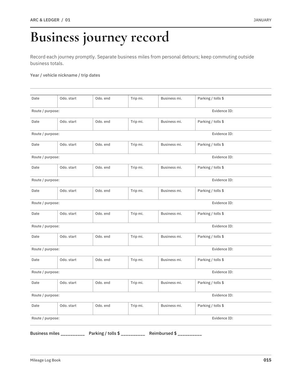 Sample worksheet from Mileage Log Book